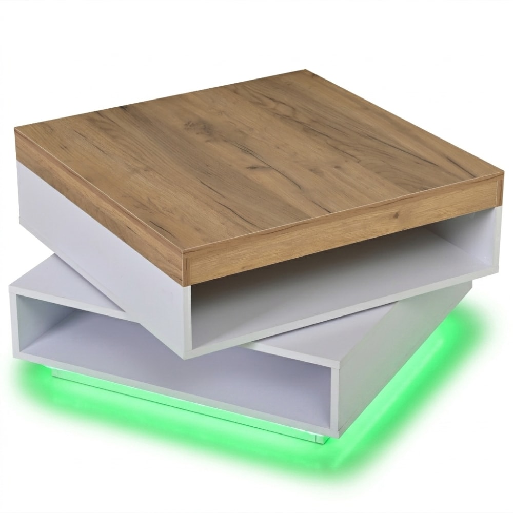 Urban Meuble Quadratischer Couchtisch Holzoptik 360° drehbar LED , Holzfarbe Weiß Spanplatte