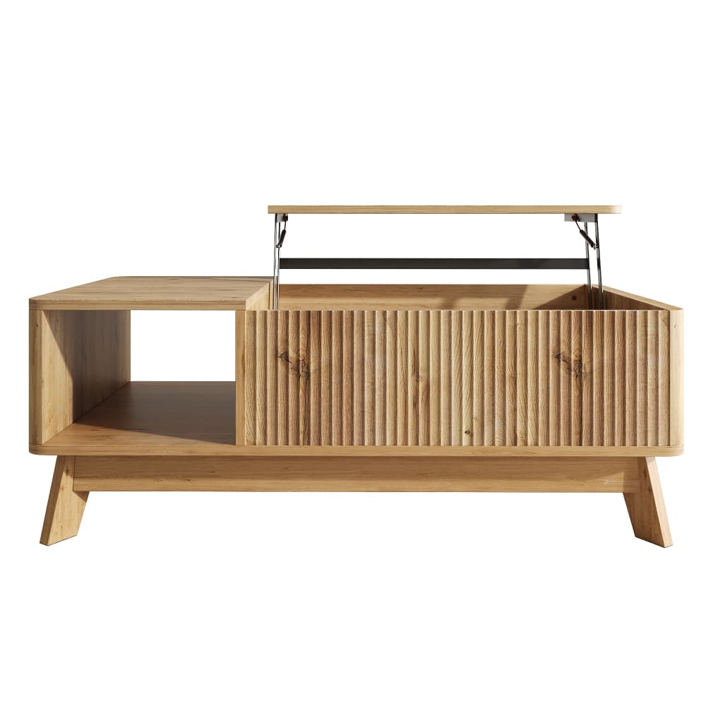 Table basse relevable effet bois naturel design ondulé 95x48x50cm