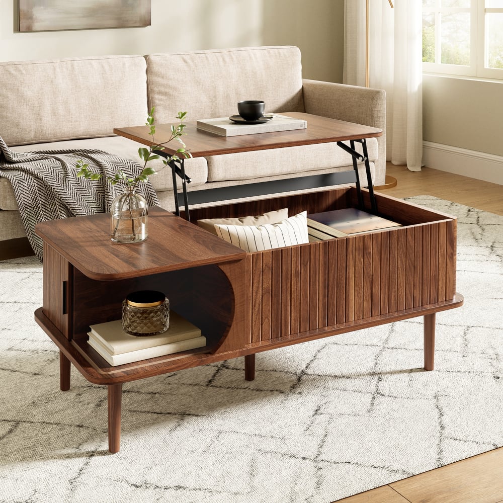 Table basse relevable effet bois noyer style rétro 100x48x55,5cm
