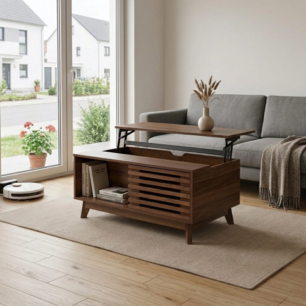 Table basse relevable effet bois noyer style rétro 100x48x55,5cm