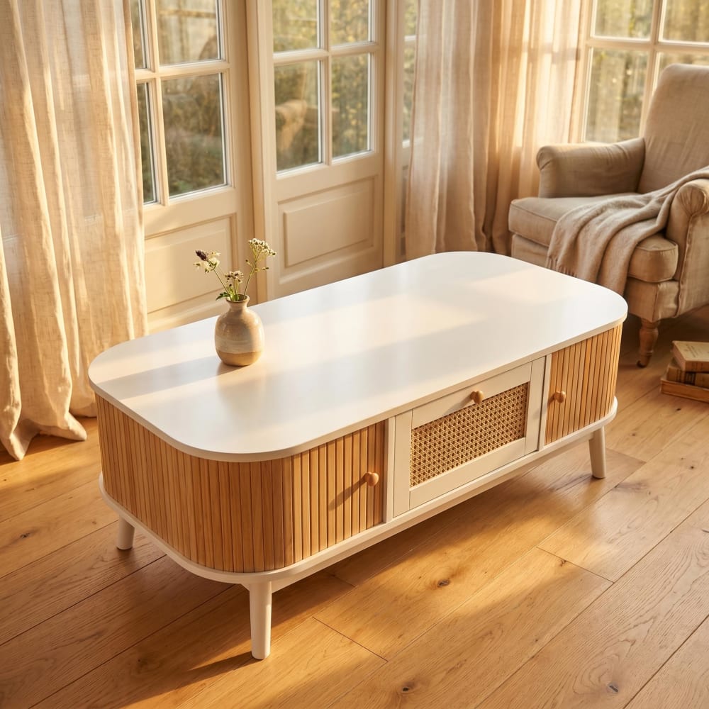Couchtisch Rattan 2 Schiebetüren 110x55x38,5 cm, Weiß - Maisons