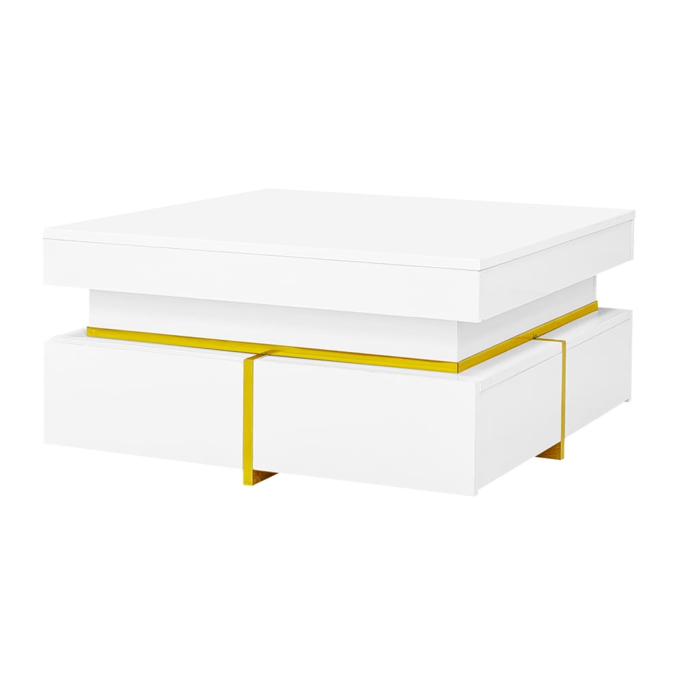 Urban Meuble Couchtisch Hochglanz mit Schubladen goldene Details 70x70 cm, Weiß Weiß Spanplatte