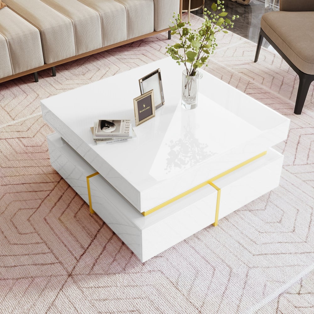 Couchtisch Hochglanz mit Schubladen goldene Details 70x70 cm,