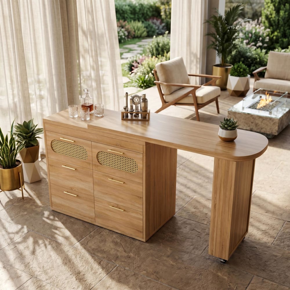 Table de bar effet bois naturel et rotin PE, pivotant 360°et 6 tiroirs