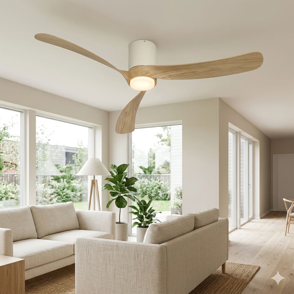 Plafonnier ventilateur céramique blanc et bois — vue 3