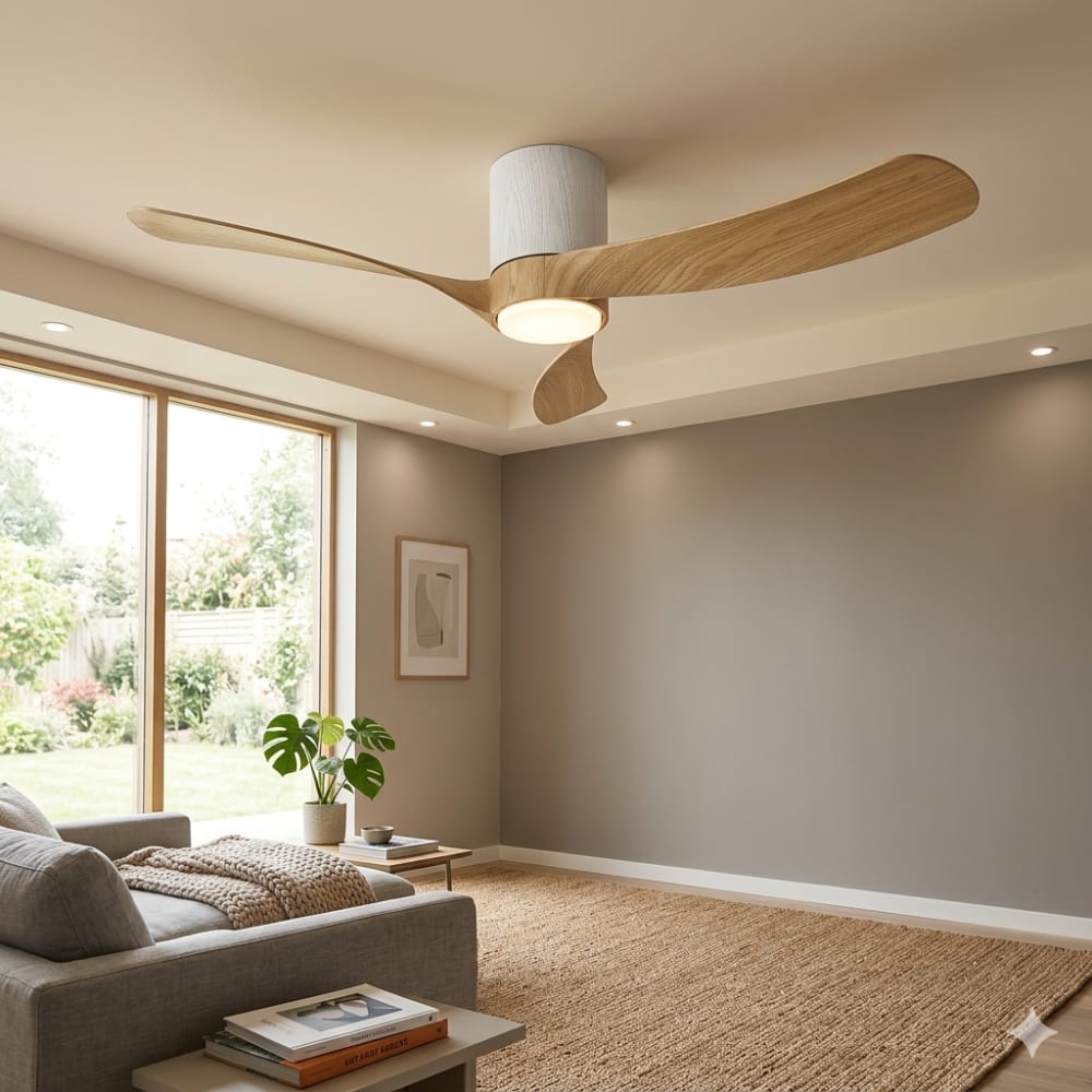 Plafonnier ventilateur céramique blanc et bois — vue 3