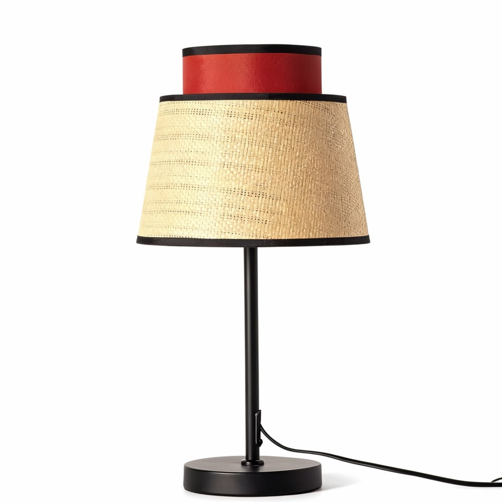 Lampe de table métal noir rotin naturel tissu rouge H52cm