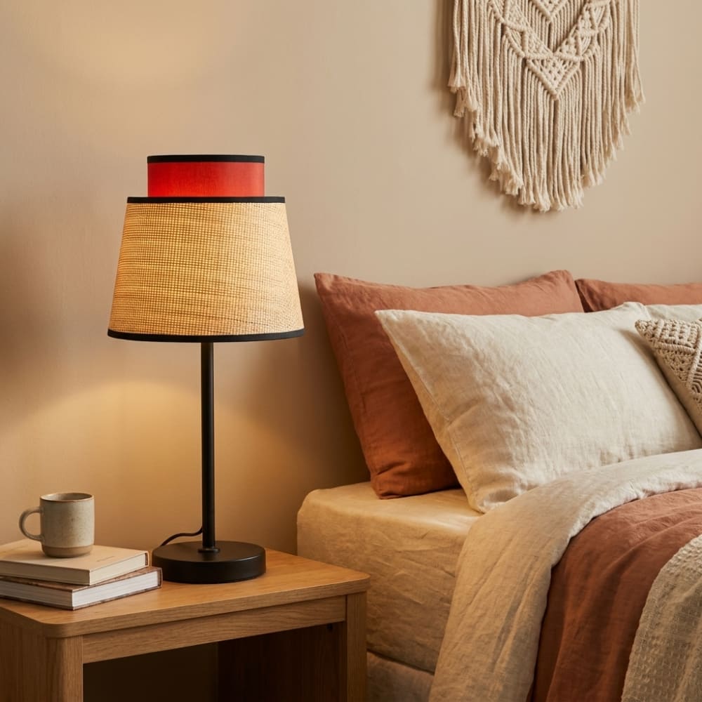 Lampe de table métal noir rotin naturel tissu rouge H52cm — vue 3