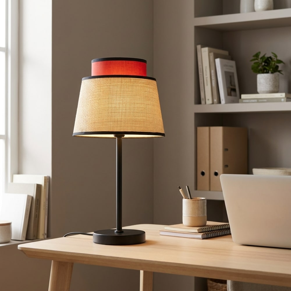 Lampe de table métal noir rotin naturel tissu rouge H52cm — vue 4