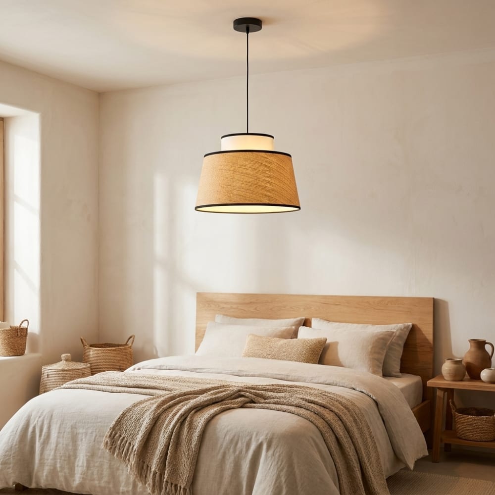 Suspension rotin naturel et textile blanc Ø38 cm — vue 3