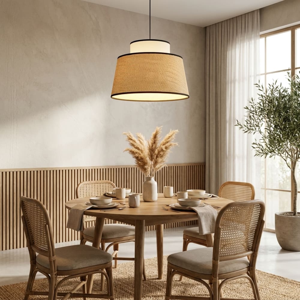 Suspension rotin naturel et textile blanc Ø38 cm — vue 4