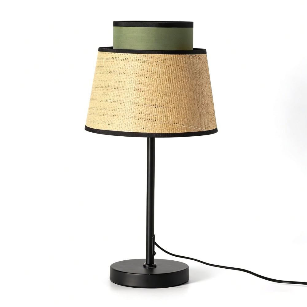 Lampe de table métal noir rotin naturel tissu vert H52cm