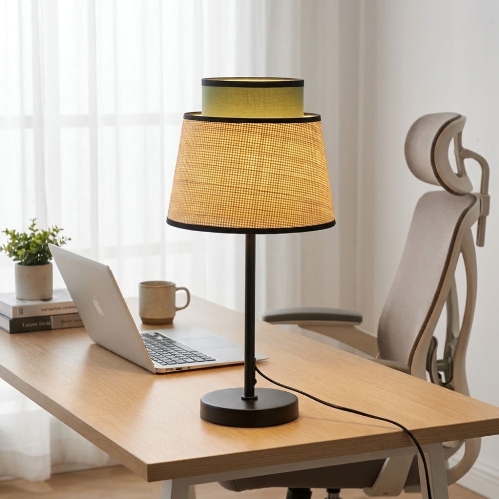 Lampe de table métal noir rotin naturel tissu vert H52cm — vue 3
