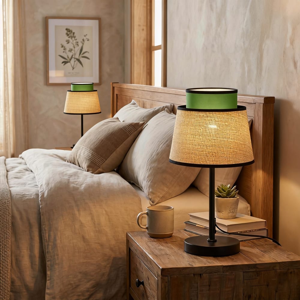 Lampe de table métal noir rotin naturel tissu vert H52cm — vue 4