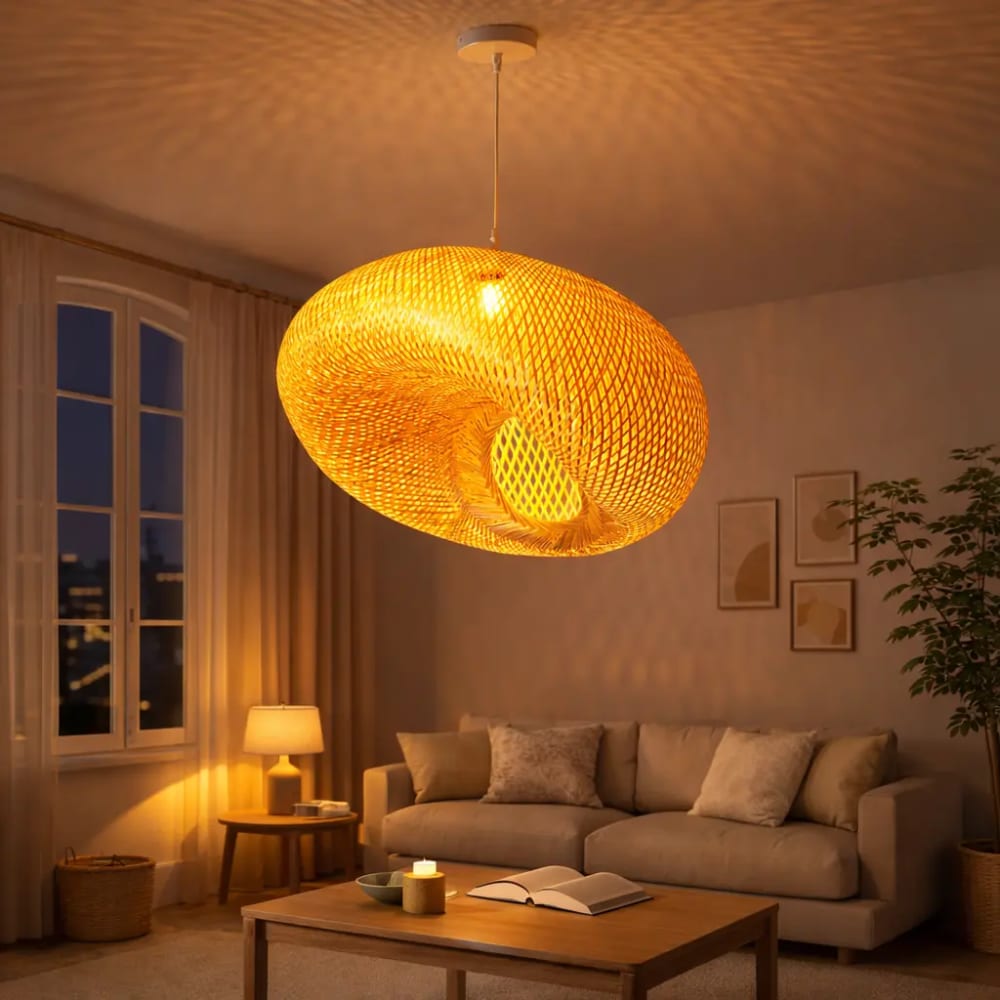 Suspension bambou et osier naturel blanc Ø60x70 cm — vue 3
