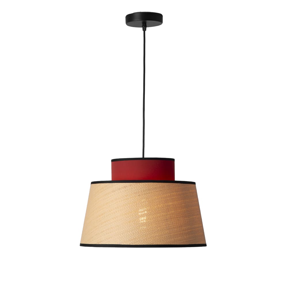 Suspension rotin naturel et textile rouge Ø38 cm