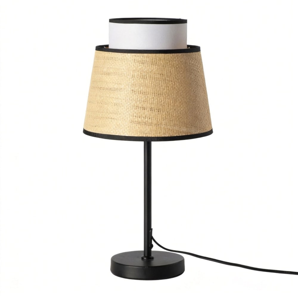 Lampe de table métal noir rotin naturel tissu blanc H52cm