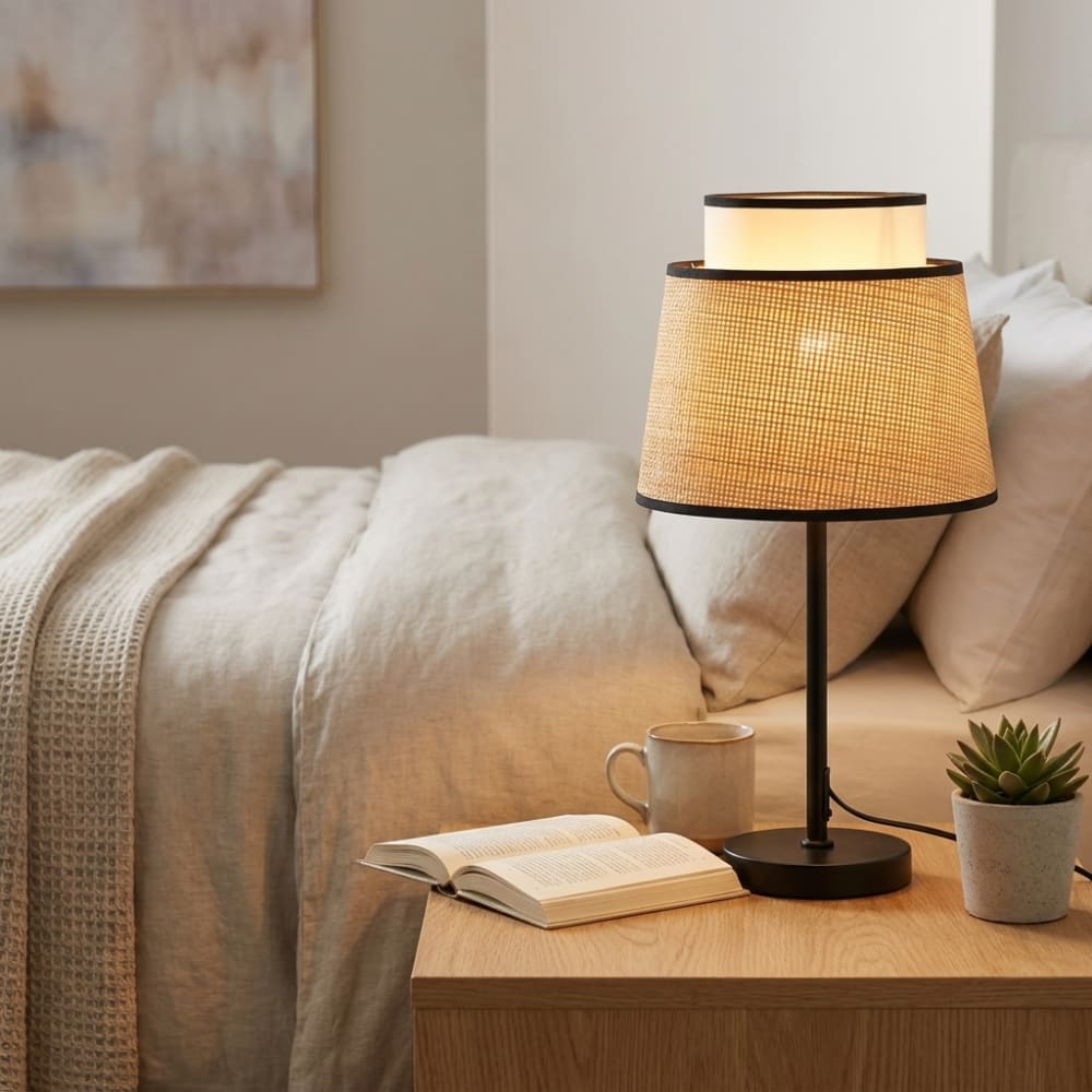 Lampe de table métal noir rotin naturel tissu blanc H52cm — vue 3