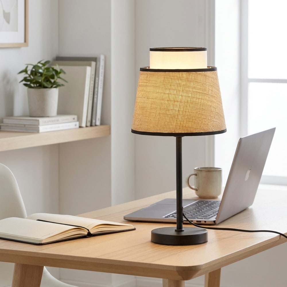 Lampe de table métal noir rotin naturel tissu blanc H52cm — vue 4