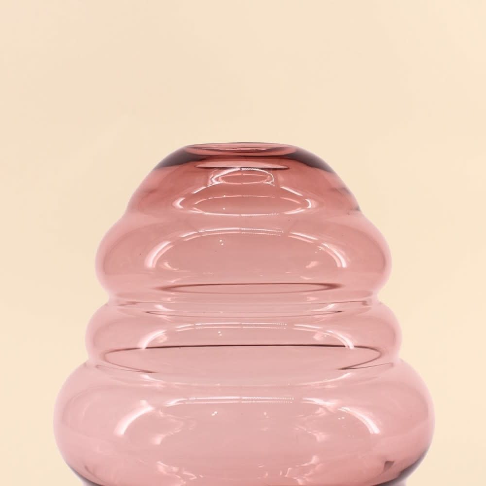 Vase anneaux en verre rose fait main, h21cm