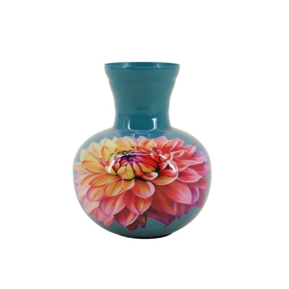 Vase en fer laqué turquoise fleuri, h13cm