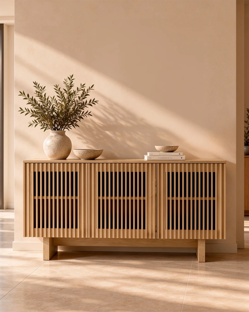 150 cm hohes Sideboard aus Eiche mit 3 Massivholz-Lamellentüren -