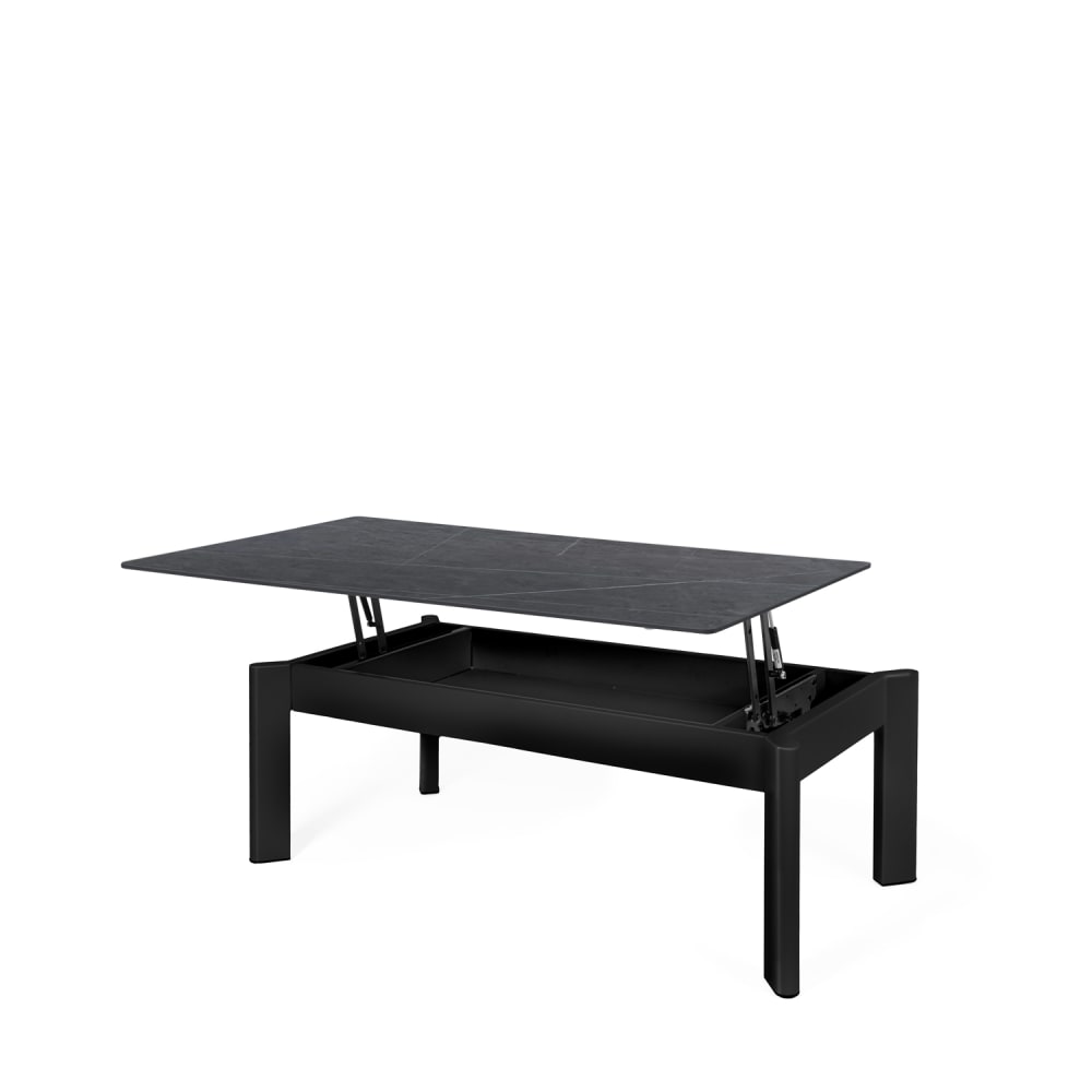 Couchtisch mit grauer Porzellanplatte und schwarzen Metallbeine -