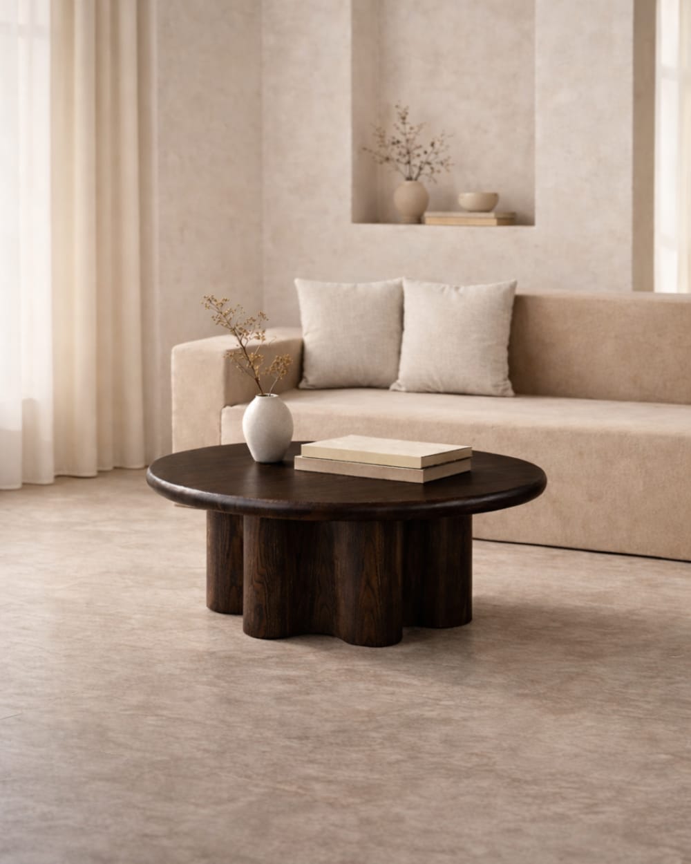 Table basse ronde en bois couleur noyer de 80 cm