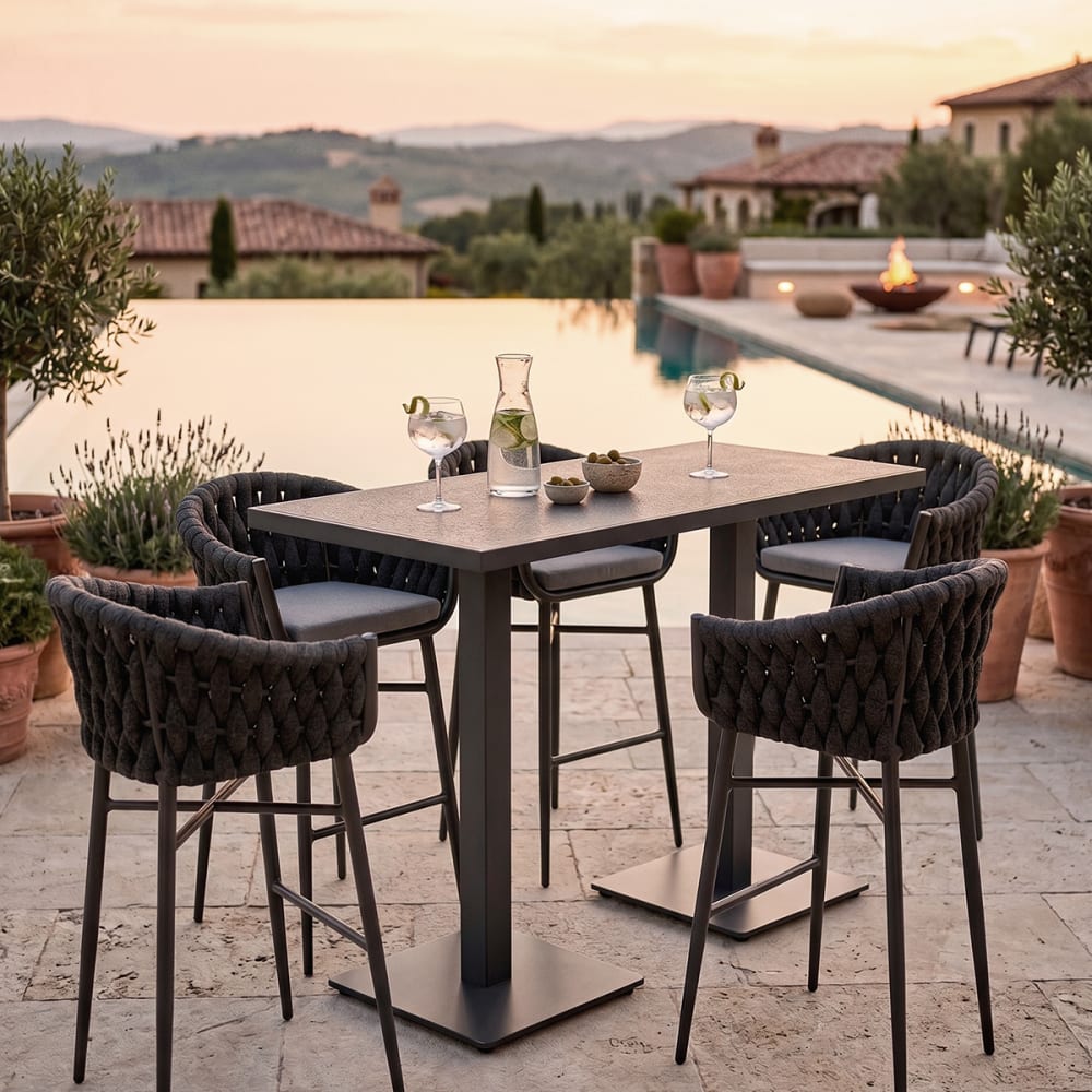 4er-Set Outdoor-Hocker aus anthrazitfarbenem Aluminium und Seil -