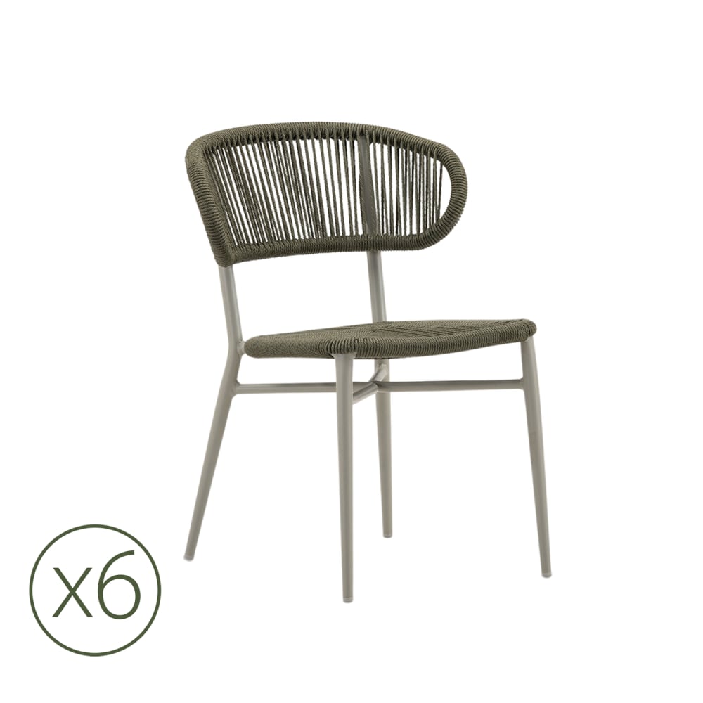 Lot de 6 chaises d'extérieur en aluminium vert et corde Lot de 6 chaises d'extérieur en aluminium vert et corde