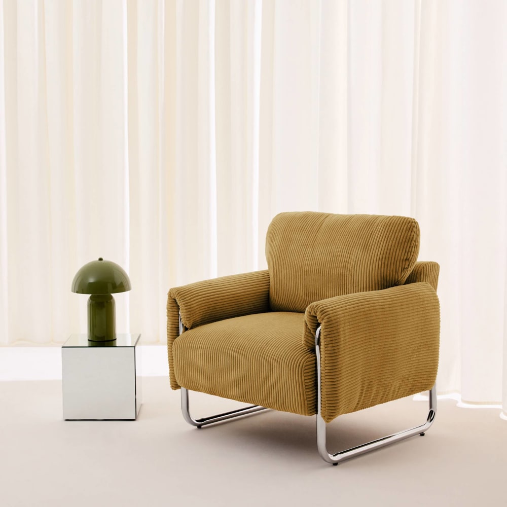 Vintage-Sessel mit Cordbezug verchromt/senfgelb - Maisons Du