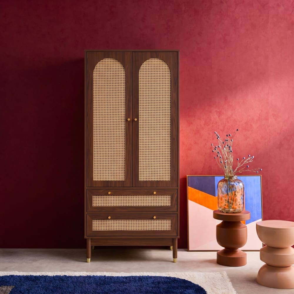 sweeek Kleiderschrank mit 2 Türen und Rattan nussbaumfarben style classic chic Braun Spanplatte