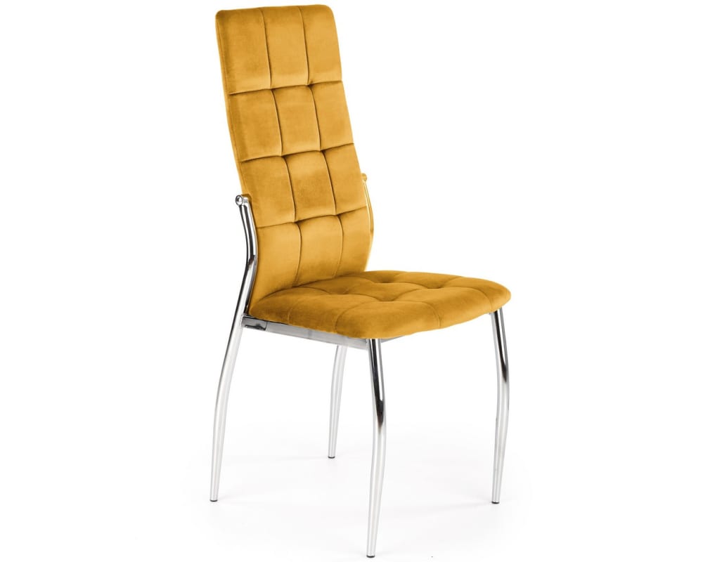 Chaise salle à manger matelassée en velours jaune et pieds en acier Chaise salle à manger matelassée en velours jaune et pieds en acier