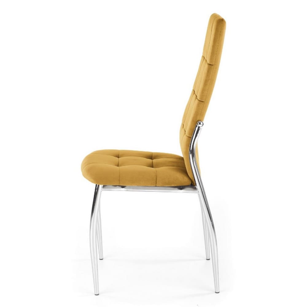 Chaise salle à manger matelassée en velours jaune  et pieds en acier
