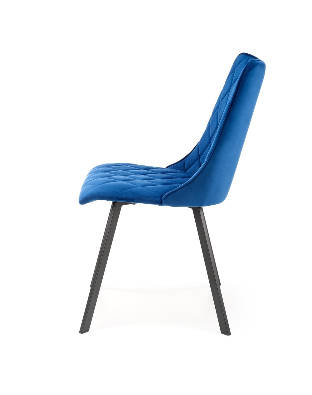 Esszimmerstuhl aus blauem Samt und schwarzen Metallbeinen -