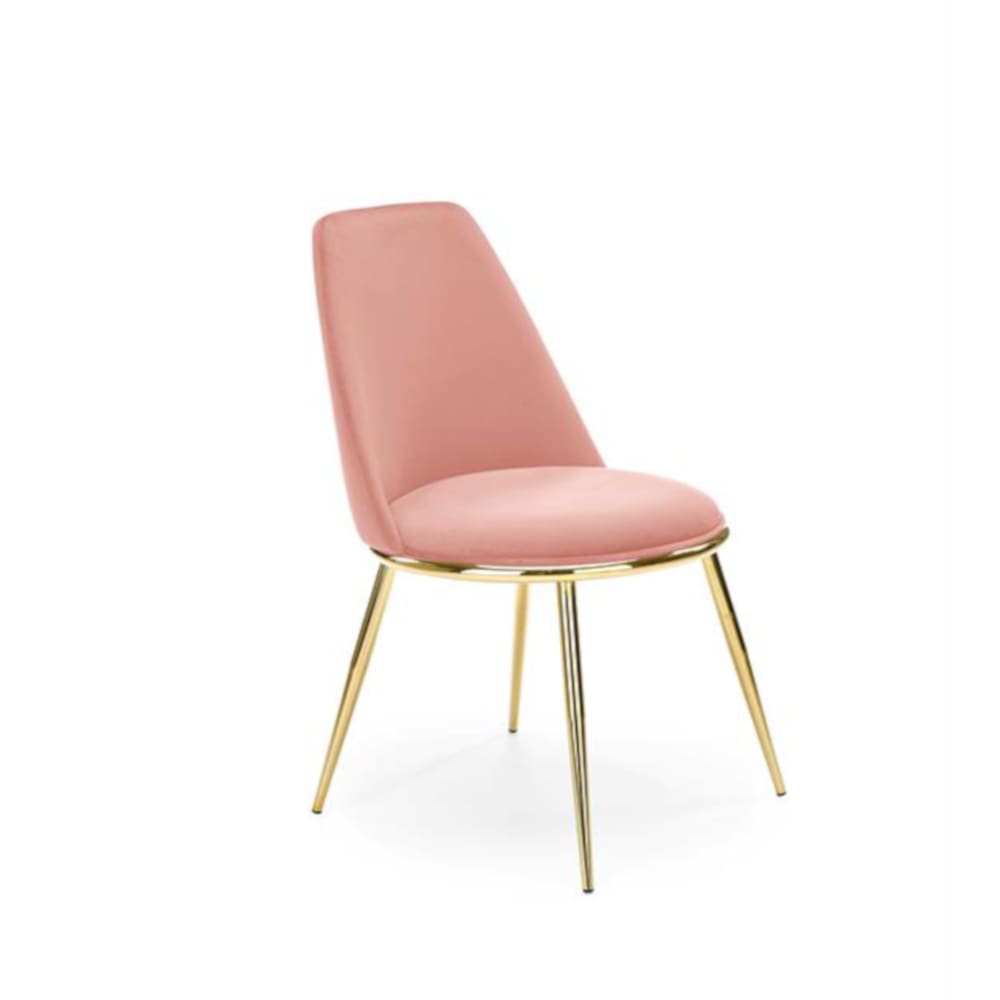 Chaise design en acier doré et velours de polyester rose Chaise design en acier doré et velours de polyester rose