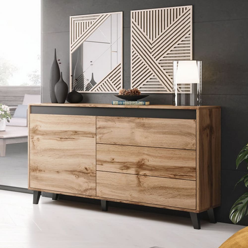 Commode 1 porte 3 tiroirs  décor chêne 138cm