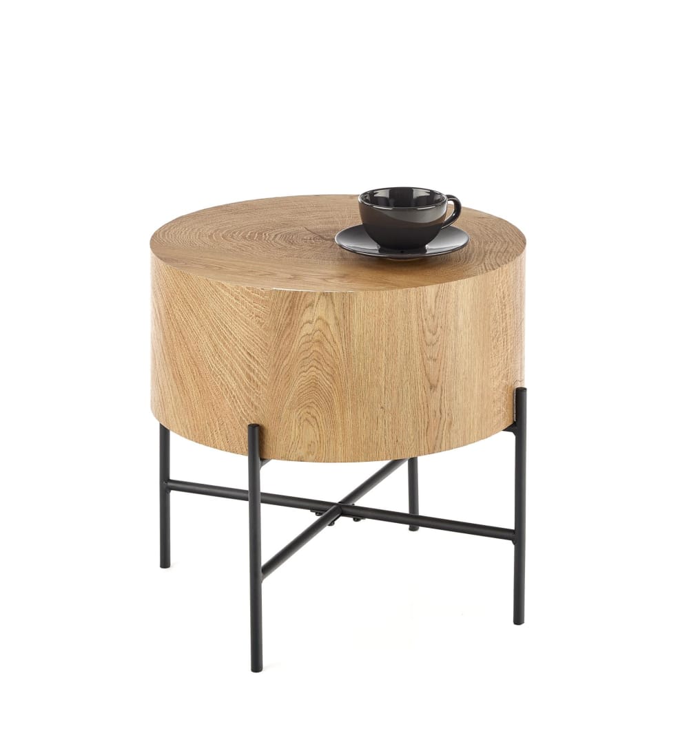 Runder Couchtisch in Eichenoptik mit schwarzem Metallgestell, 45