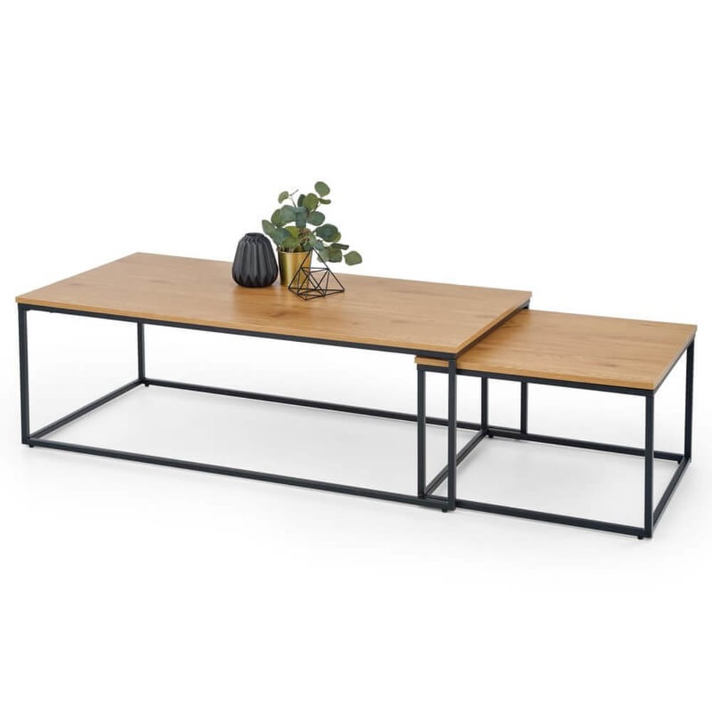 Set aus zwei Satztischen mit Tischplatten in goldener Eichenoptik