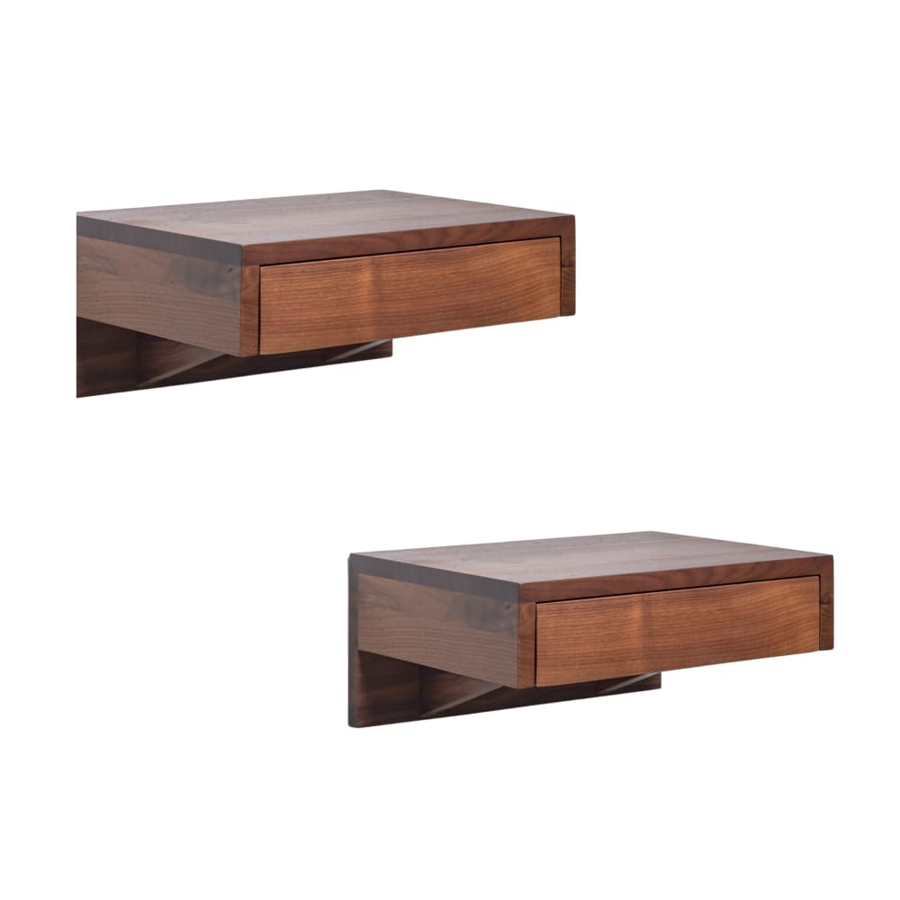 Lot de 2 tables de chevet flottantes, noyer massif et finition mate Lot de 2 tables de chevet flottantes, noyer massif et finition mate