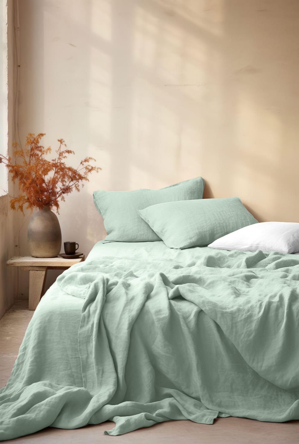 Parure de drap avec 2 taies assorties en gaze de coton vert d'eau