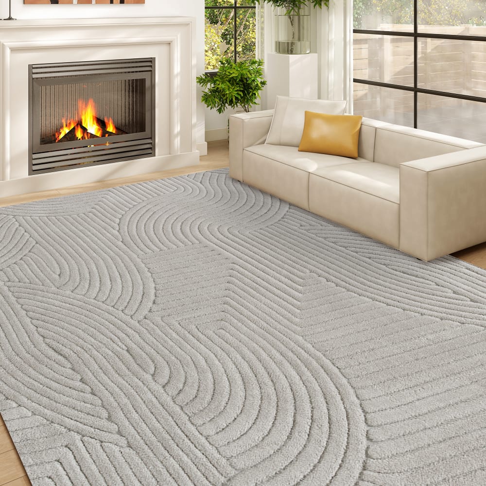 Tapis salon à poils épais géométrique antidérapant polyester gris — vue 3
