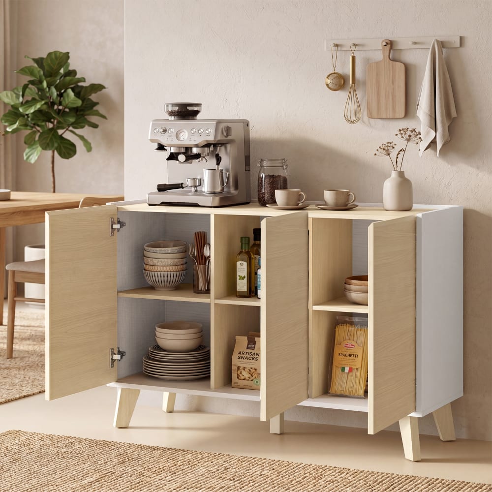 Buffet cuisine 6 compartiments mdf blanc bois naturel