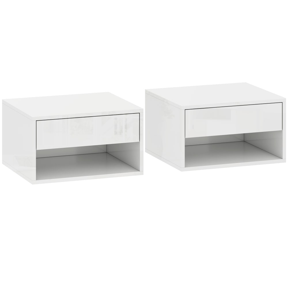 Tables de chevet suspendues tiroir étagère bois blanc brillant Tables de chevet suspendues tiroir étagère bois blanc brillant