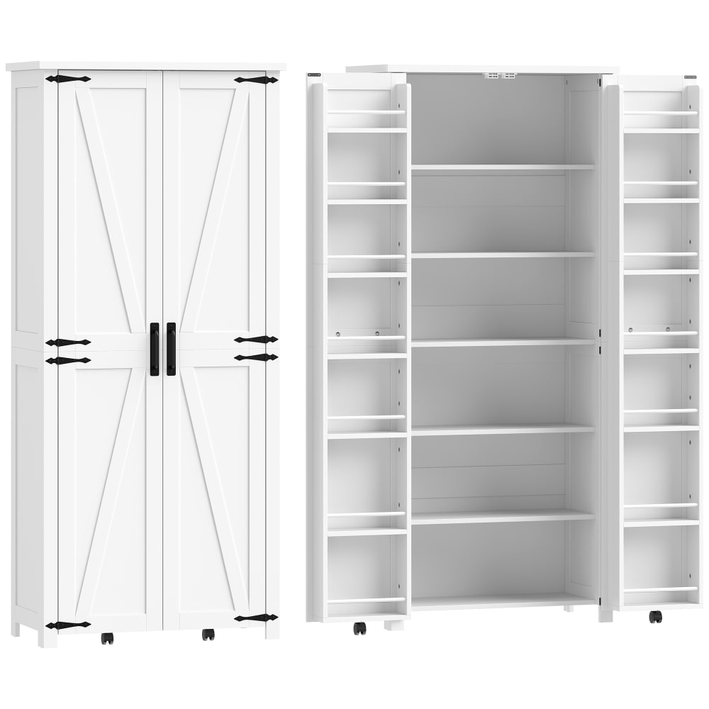 Armoire de cuisine 6 niveaux 2 portes avec roulette bois blanc — Beyit