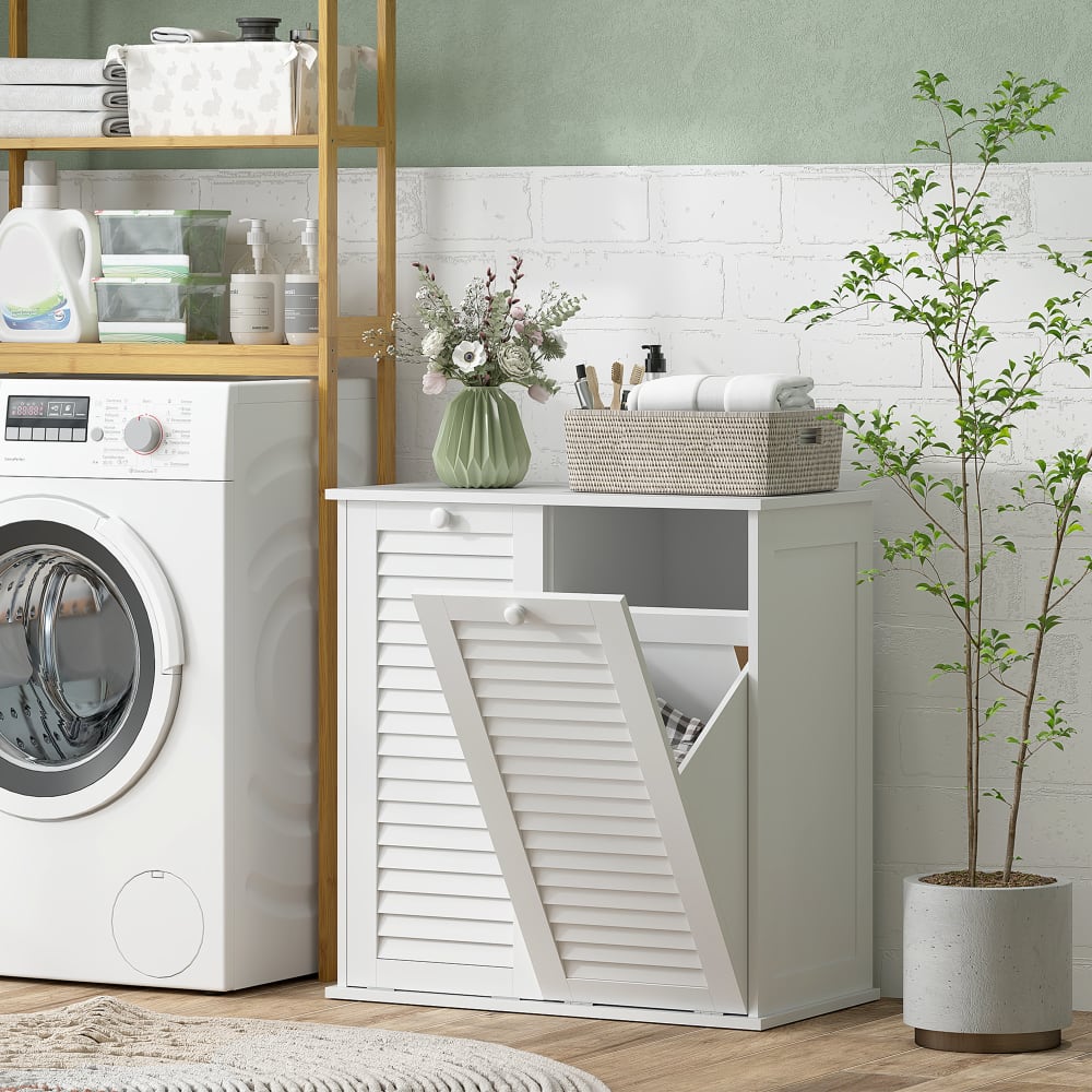 Meuble salle de bain 2 paniers à linge portes persiennes bois blanc
