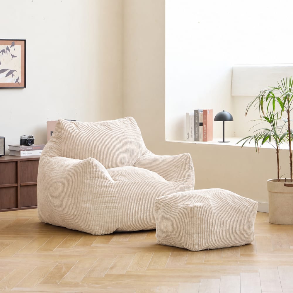 Pouf et repose pieds en velours côtelé beige Pouf et repose pieds en velours côtelé beige