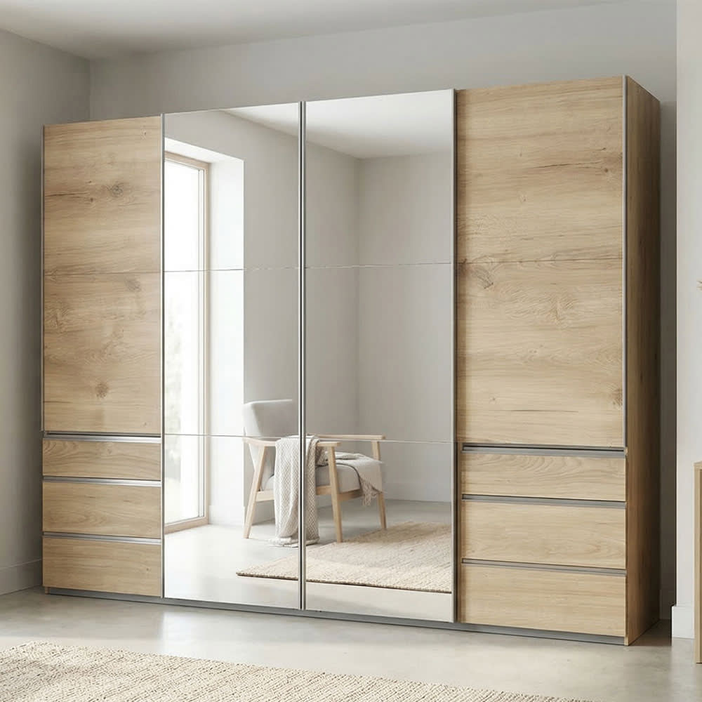 Schwebetürenschrank Level aus Holz 300x65x216cm, plankeneiche -