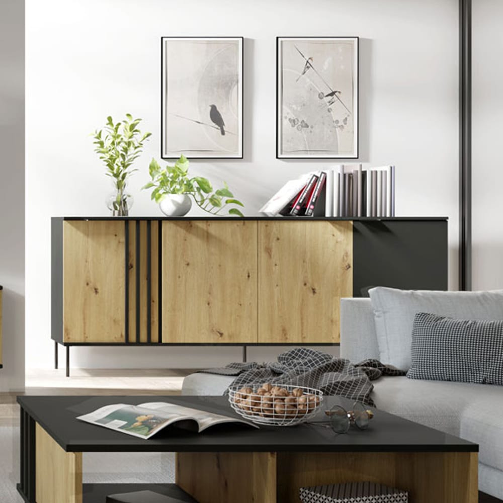 Sideboard Rodgau mit Türen 220x40x92cm schwarz / Eiche Artisan -