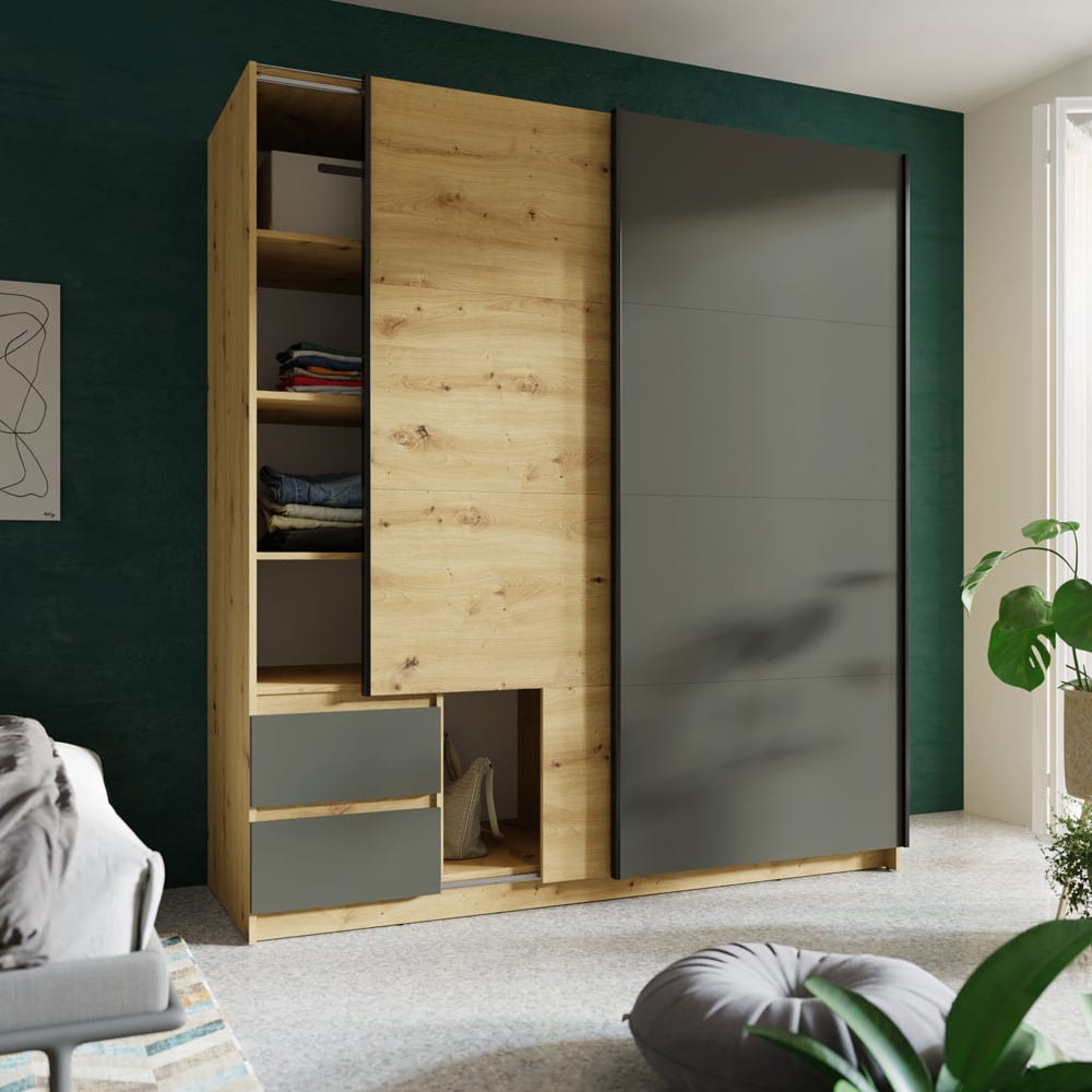 Schwebetürenschrank Uriel aus Holz 180x59x198cm graphit Eiche